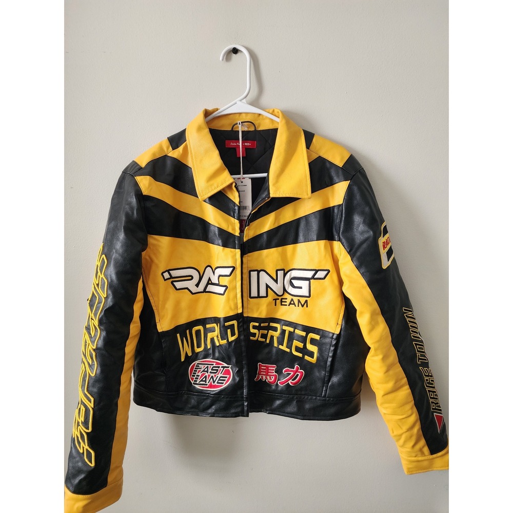 Smoke Rise Red Mens Racing Jacket Yellow Black Faux Leather Moto AJ24880 L NWT